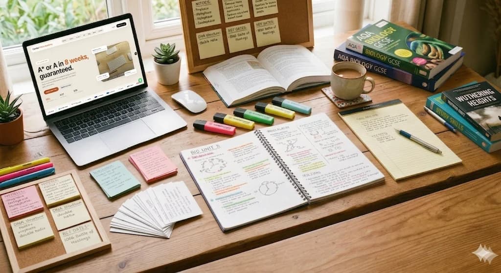 Student study desk with AQA Biology GCSE books and notes